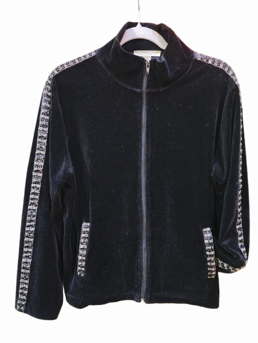 Vintage Y2K Black Velvet Zip-Up Jacket with Sequence Trim